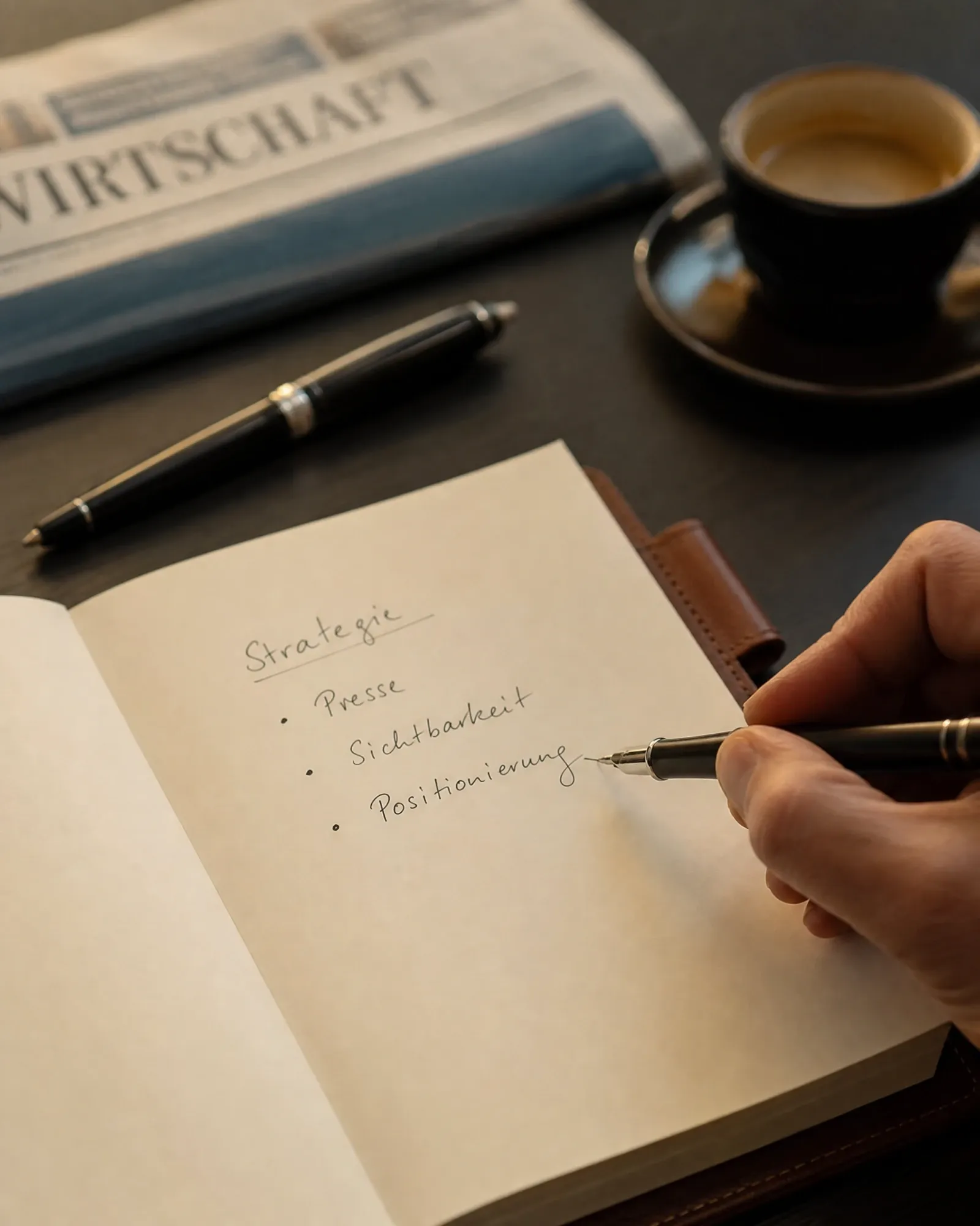 Hand schreibt in ein Notizbuch: Strategie, Presse, Sichtbarkeit, Positionierung