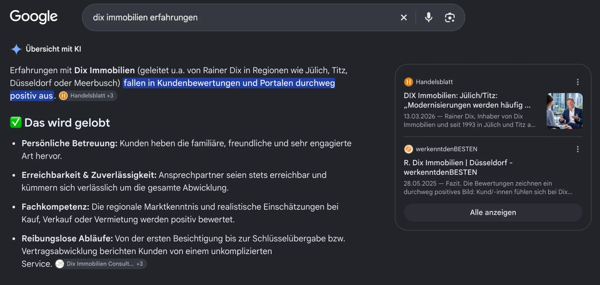 Google-Suche nach dix immobilien erfahrungen. Die Übersicht mit KI fasst positive Kundenbewertungen zusammen und nennt als Quelle einen Handelsblatt-Beitrag über Dix Immobilien.