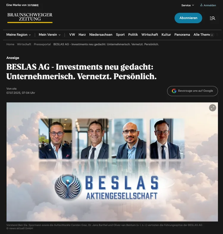 Screenshot der Veröffentlichung in der Braunschweiger Zeitung mit Bild von Vorstand und Aufsichtsräten der BESLAS AG
