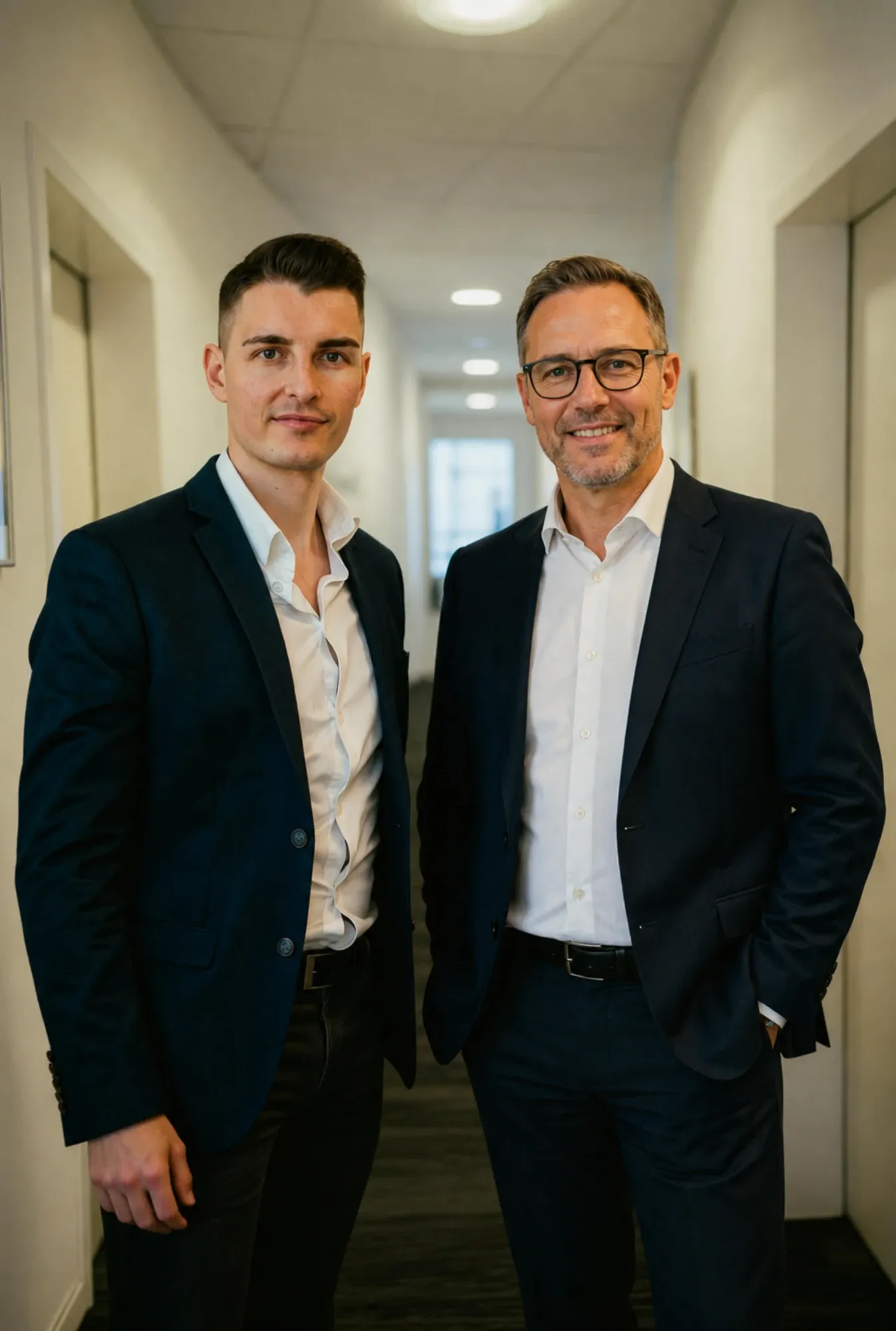Nolen Kunert und Ulrich Wickert stehen nebeneinander in einem hellen Büroflur