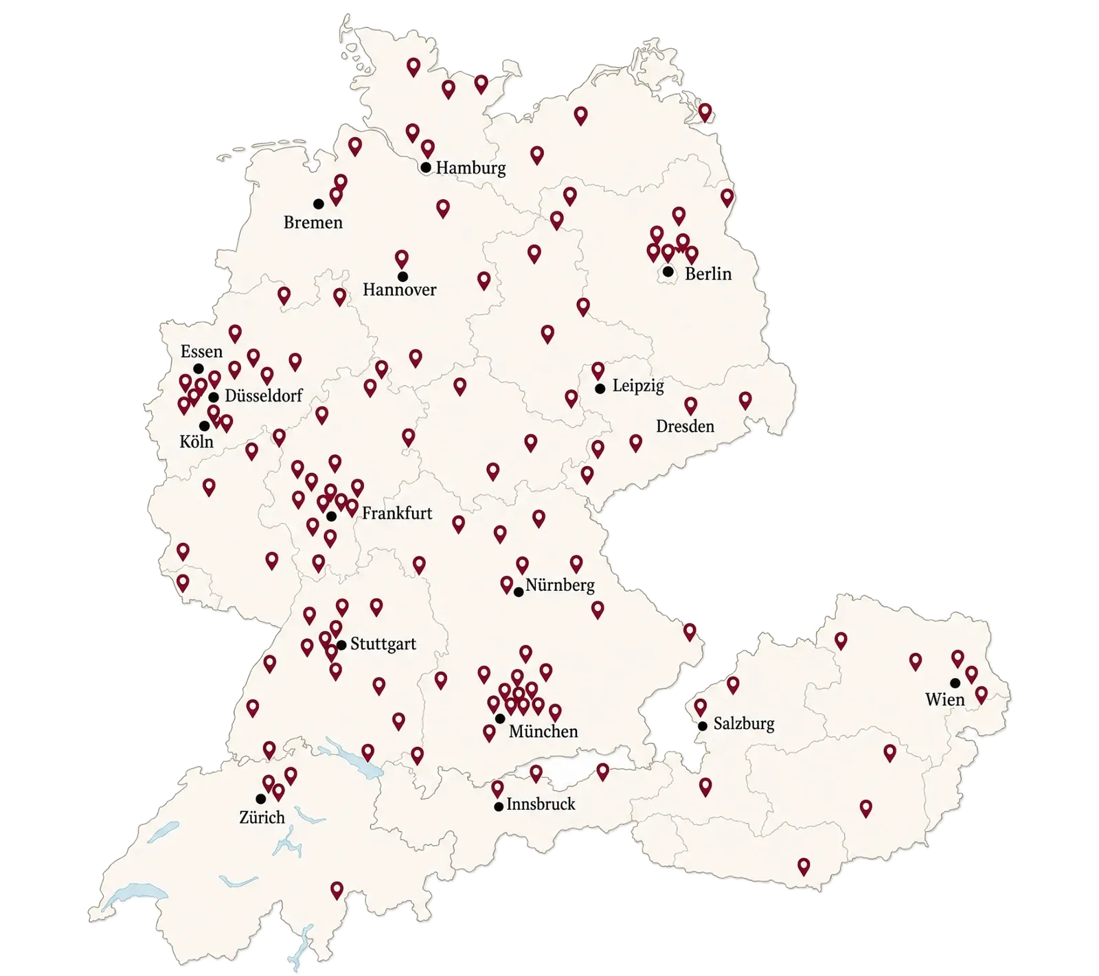 Karte von Deutschland, Österreich und der Schweiz mit Markierungen an den Standorten unserer Kunden, gehäuft um Berlin, Düsseldorf, Köln, Frankfurt, Stuttgart und München