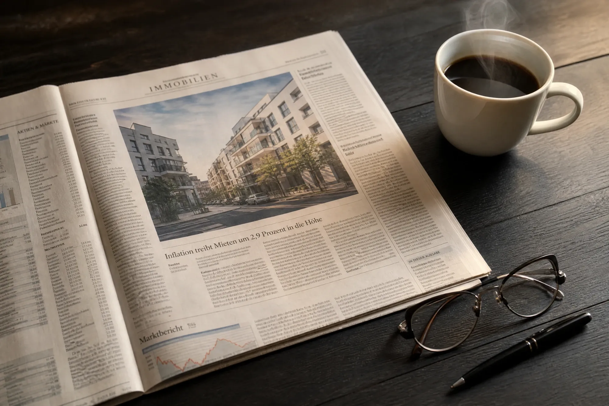 Aufgeschlagene Zeitung mit Immobilienteil, daneben Kaffeetasse, Brille und Stift